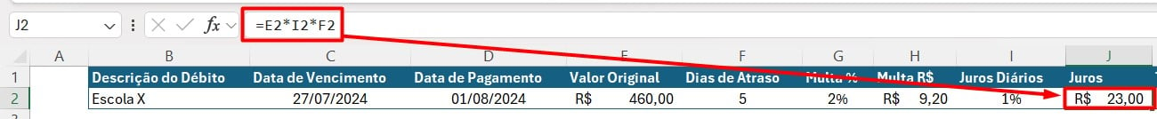 Resultado do Juros Diários no Excel