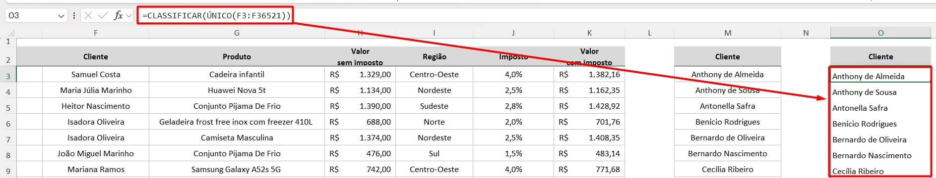 Usando a Função ÚNICO e CLASSIFICAR em uma Coluna no Excel