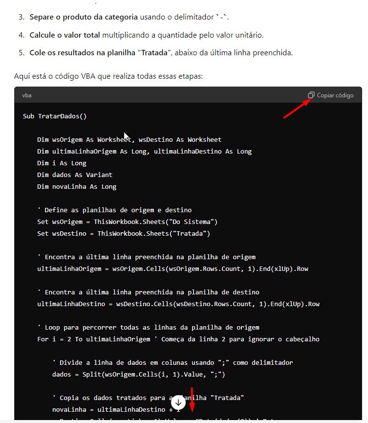 Copiando o Código de Macro Sugerida Pelo ChatGPT