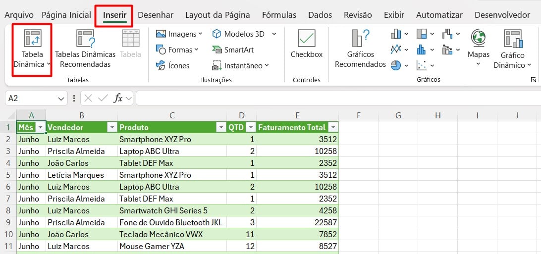 Inserindo Tabela Dinâmica no Excel