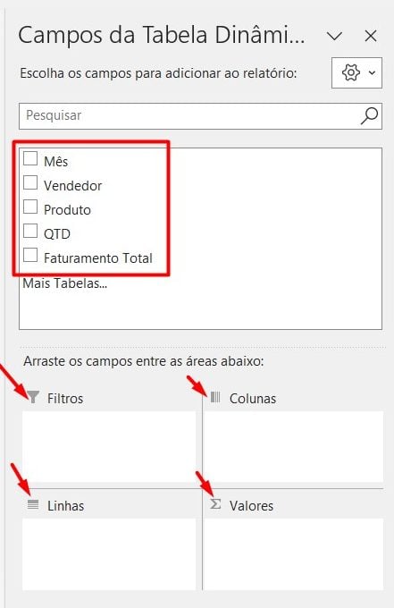  Campos da Tabela Dinâmica no Excel