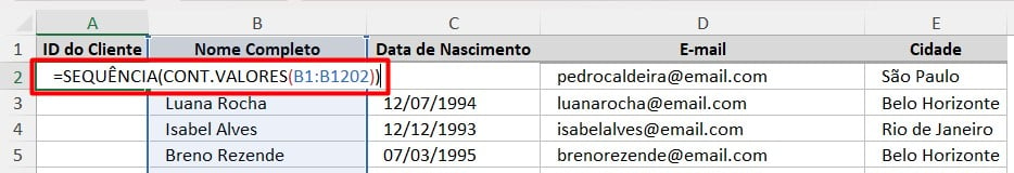 Funções SEQUÊNCIA e CONT.VALORES no Excel