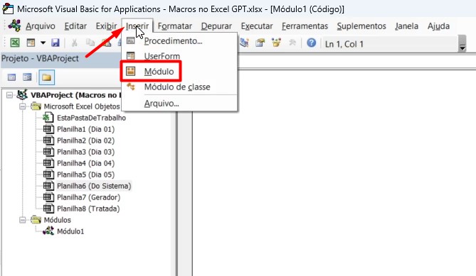 Inserindo Módulo na Página de VBA do Excel