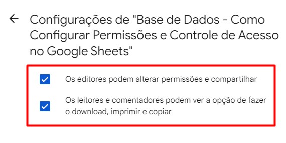 Opções de Configurações de Acesso no Google Sheets