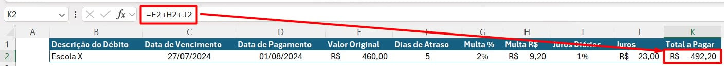 Resultado do Total a Pagar no Excel