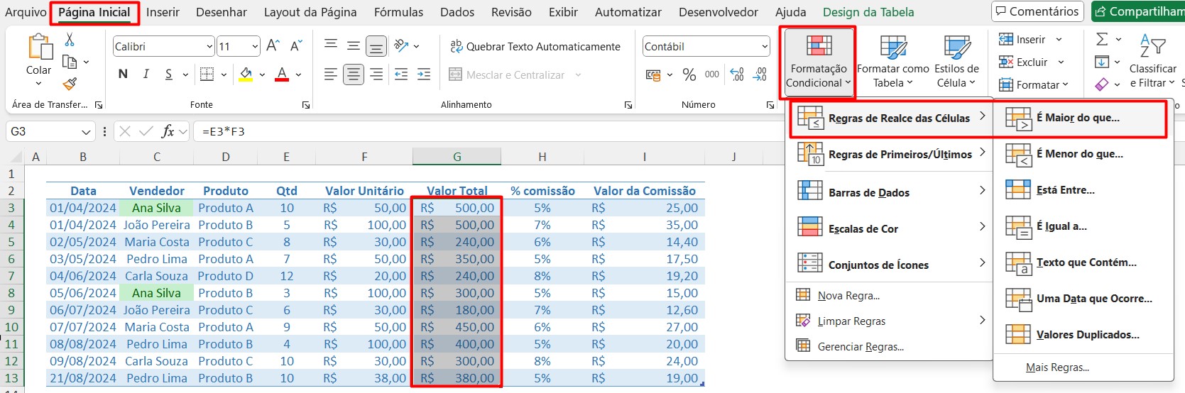 Destacando os Maiores Valores de Vendas no Excel