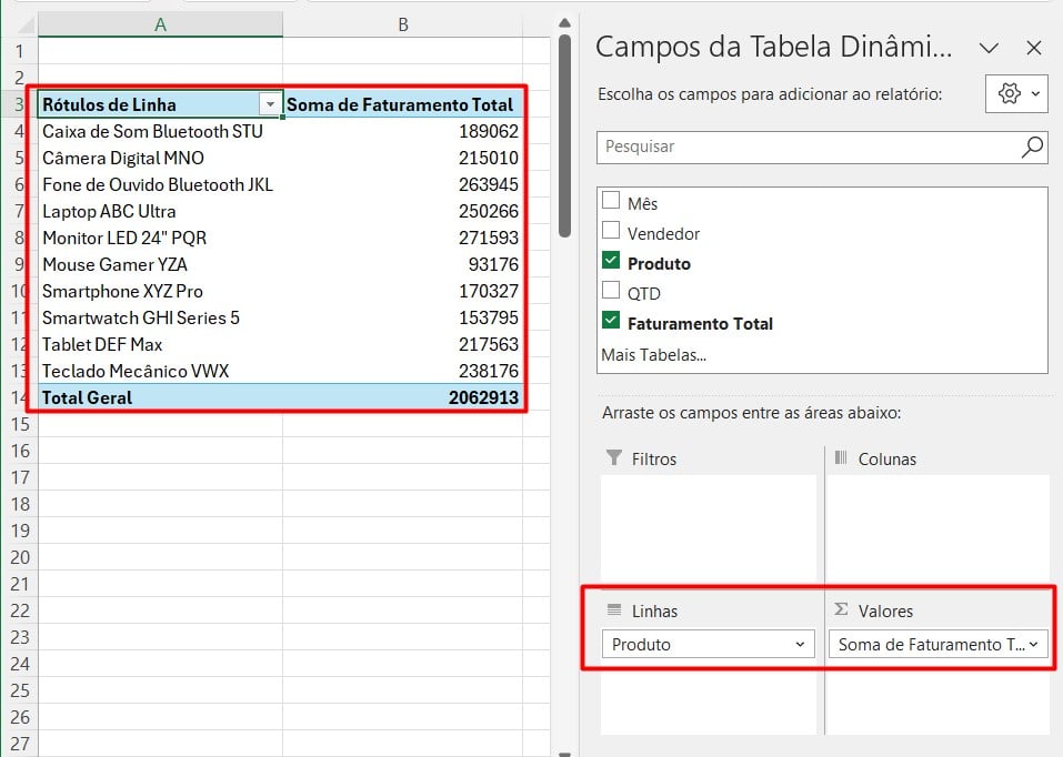 Explorando os Campos da Tabela Dinâmica no Excel