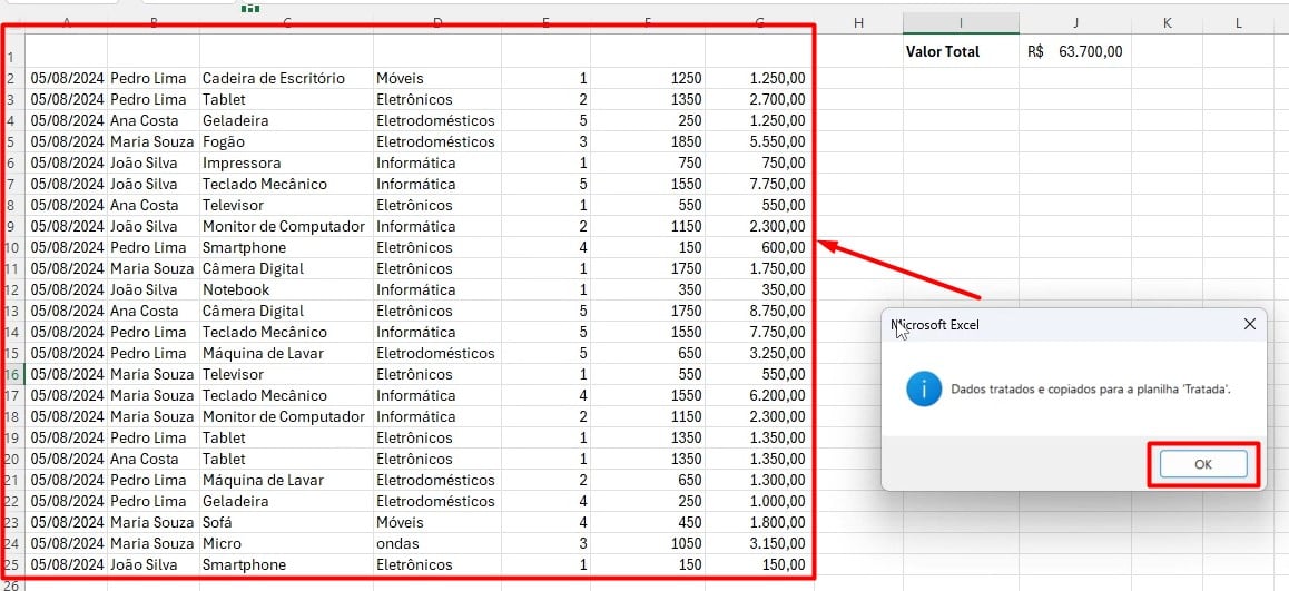 Dados Tratados com a Macro Programada no Excel