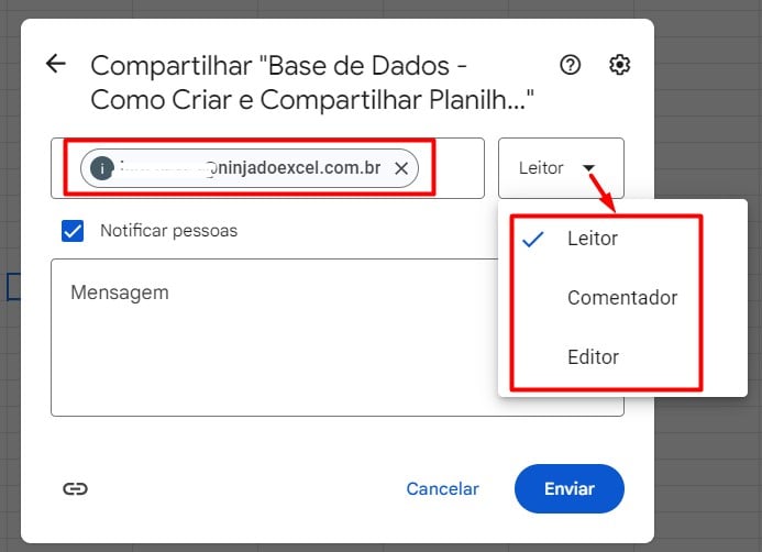 Editando a Permissão dos Usuários do Google Sheets