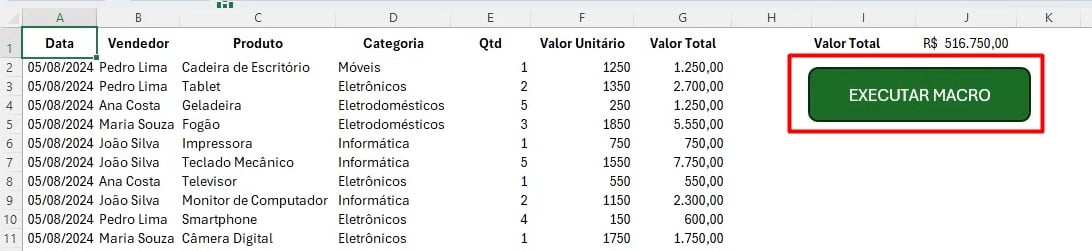 Botão Criado no Excel Para Atribuir a Execução de Macro