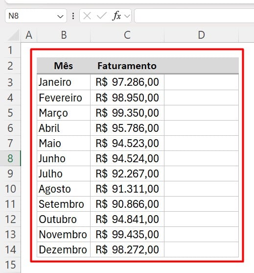 Base de Dados com o Faturamento Anual no Excel