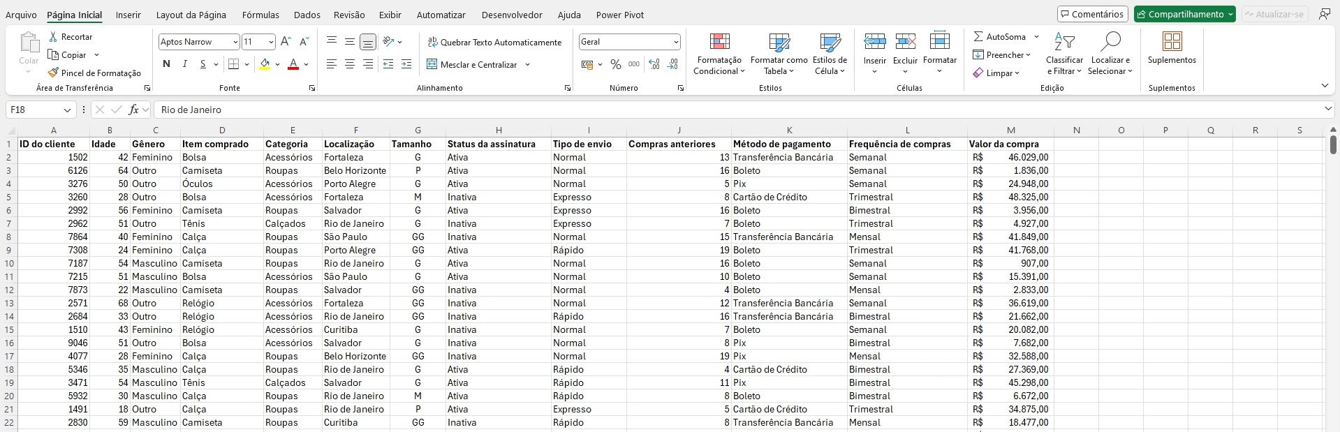 Base de Dados de Registro de Vendas no Excel