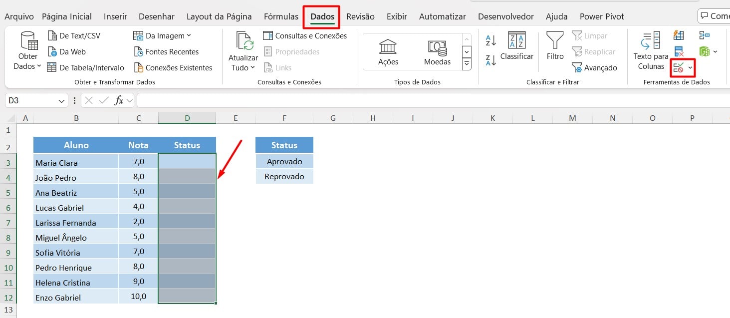 Acessando a Validação de Dados no Excel