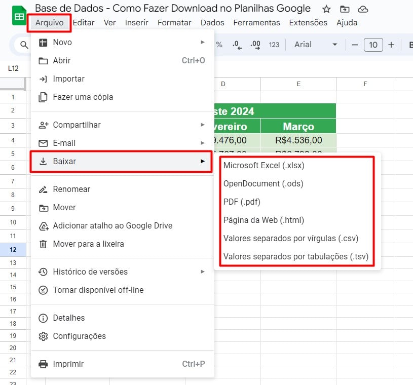 Baixando Arquivo no Google Planilhas