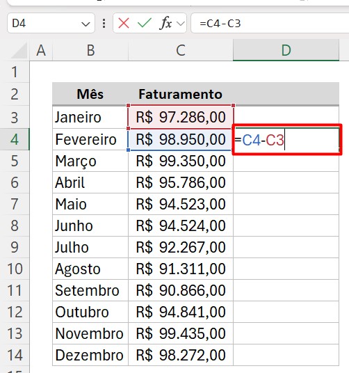 Calculando a Diferença do Faturamento Entre os Meses no Excel