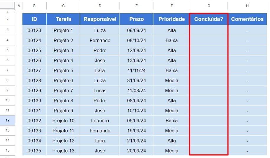 Coluna Para Inclusão da Caixa de Seleção no Google Planilhas