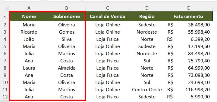 Colunas de Nome e Sobrenome no Excel