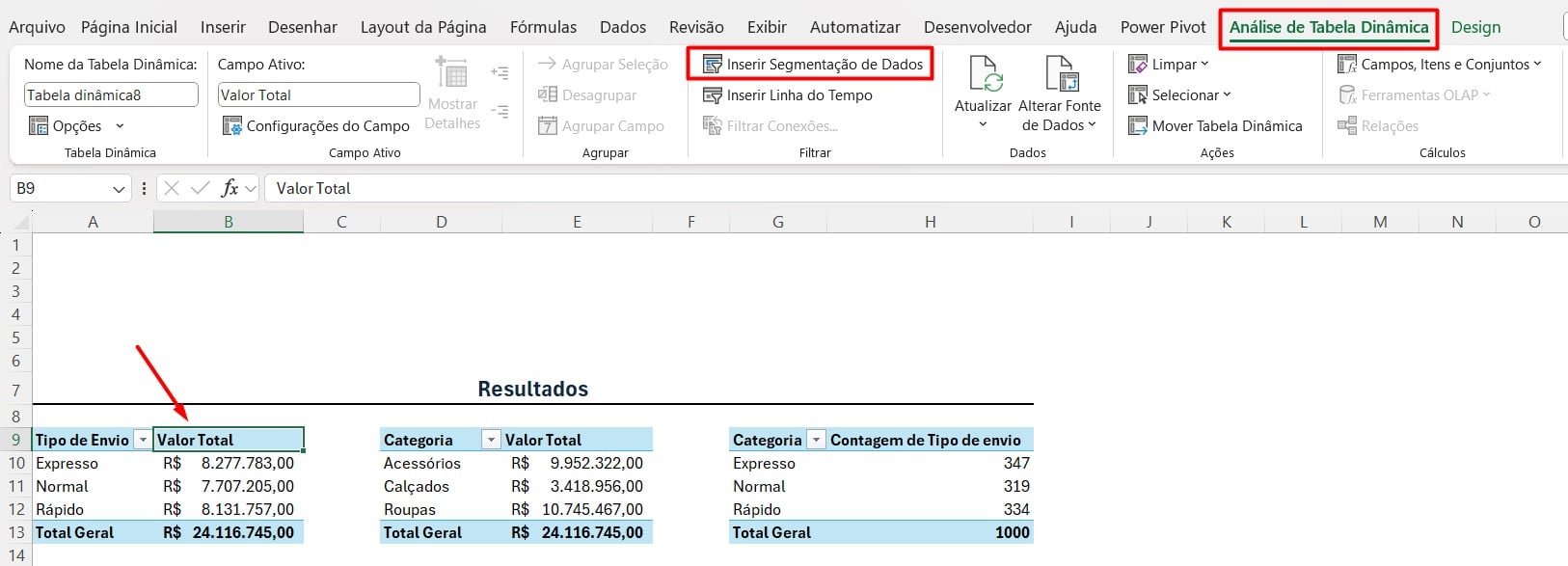 Inserindo Segmentação de Dados na Tabela Dinâmica do Excel