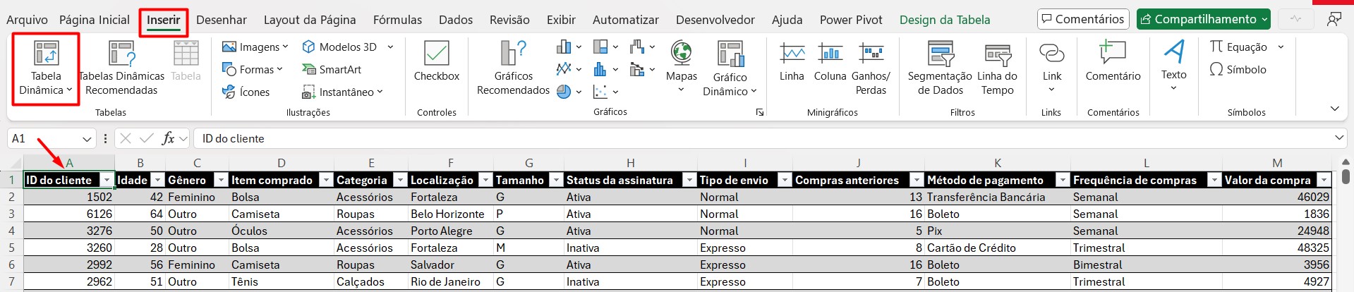 Inserindo Tabela Dinâmica no Excel