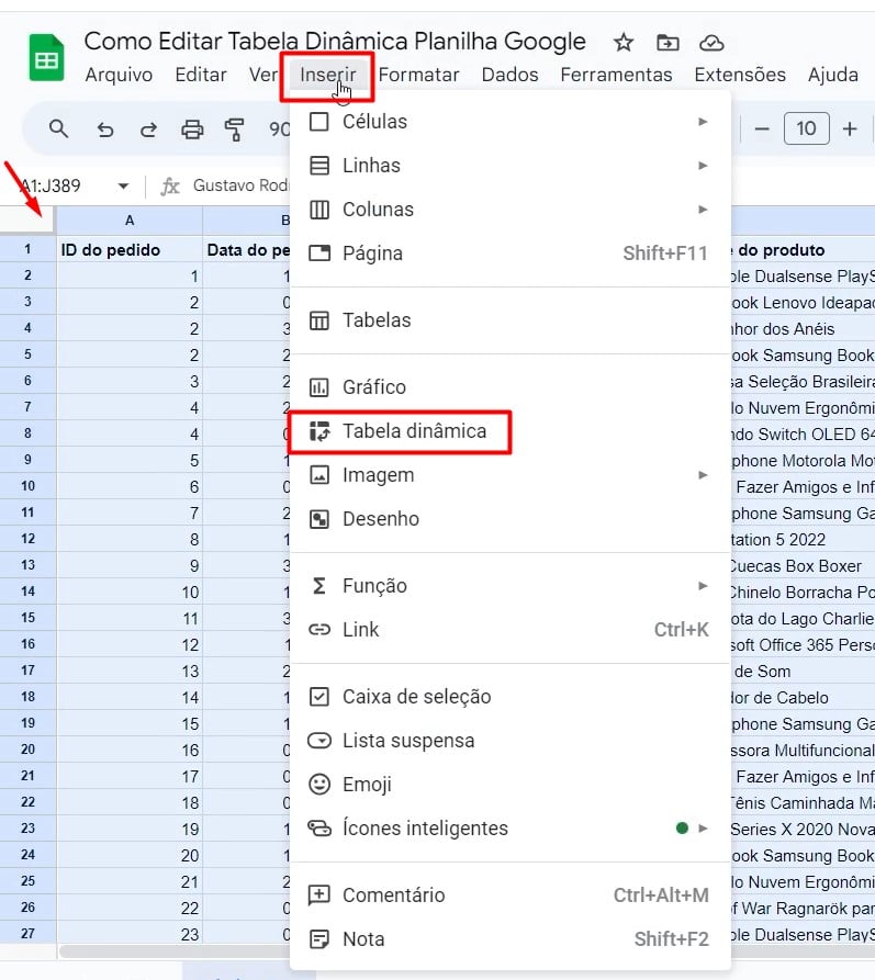 Inserindo Tabela Dinâmica no Planilhas Google