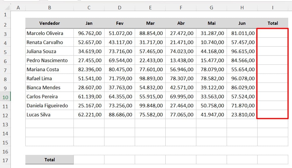 Total Faturado Por Cada Vendedor no Semestre no Excel