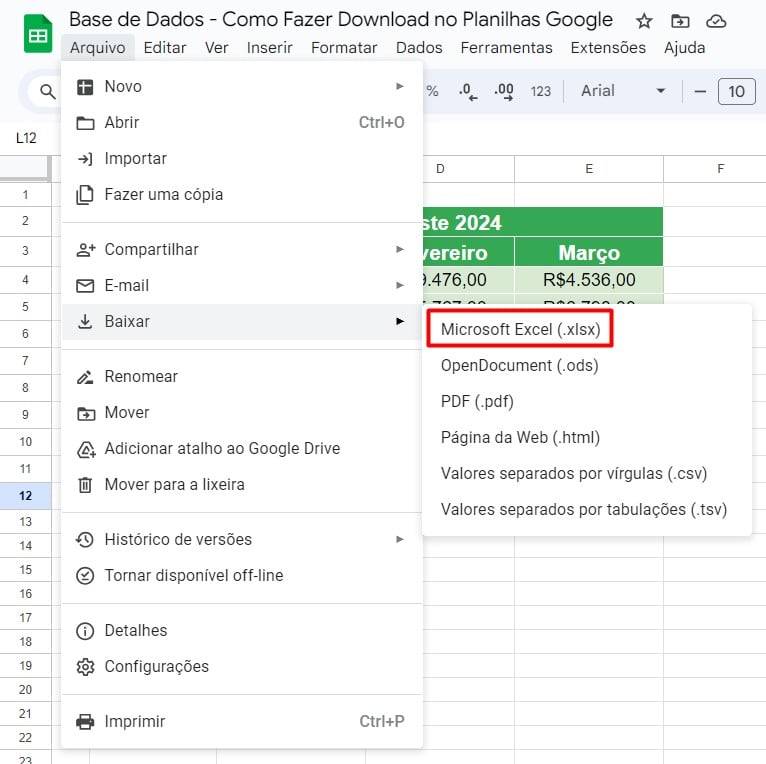 Baixando o Arquivo do Google Planilhas em XLSX