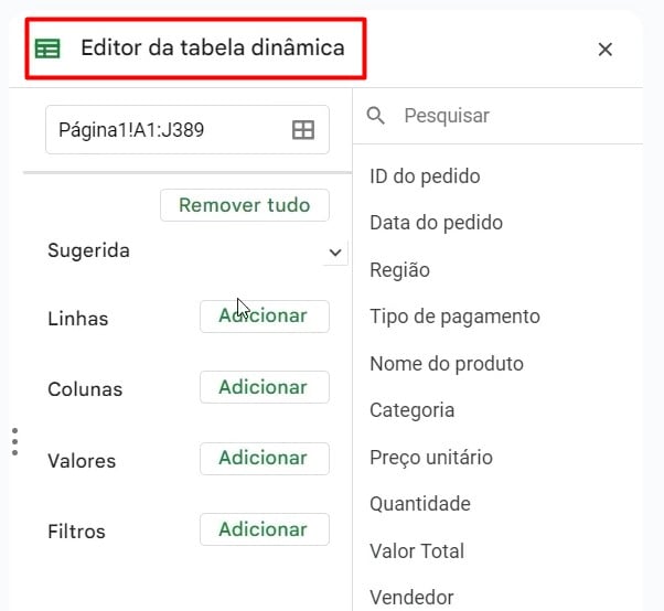 Editor da Tabela Dinâmica no Planilhas Google