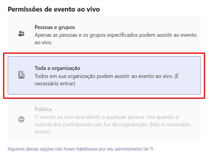 Permissões do Evento ao Vivo no Teams