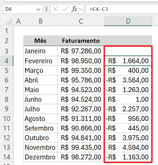 Resultado da Diferença do Faturamento Entre os Meses no Excel