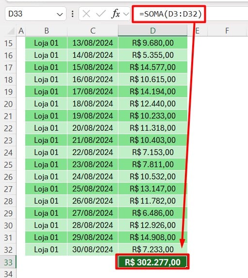 Resultado do Autosoma no Excel