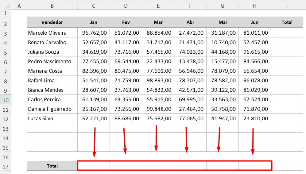 Total Faturado em Cada Mês no Semestre no Excel