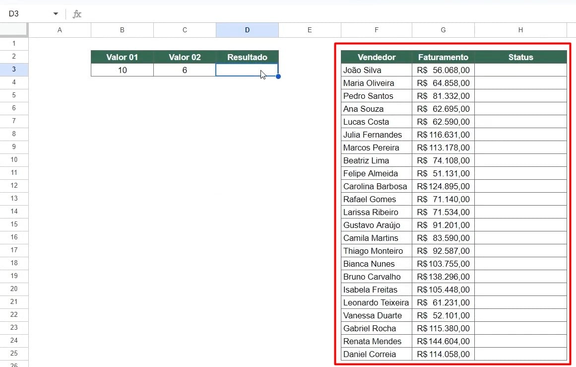 Base de Dados com o Faturamento dos Vendedores