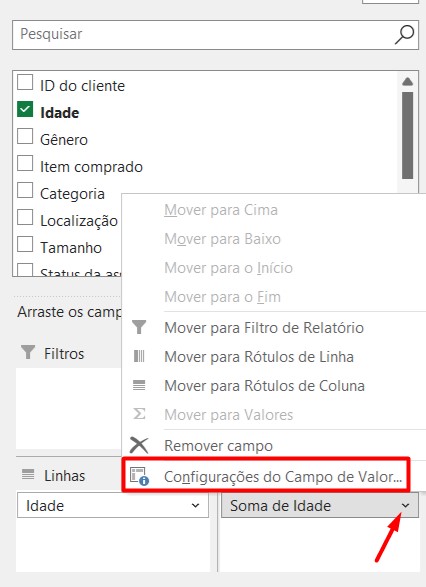 Configuração do Campo de Valor da Tabela Dinâmica no Excel