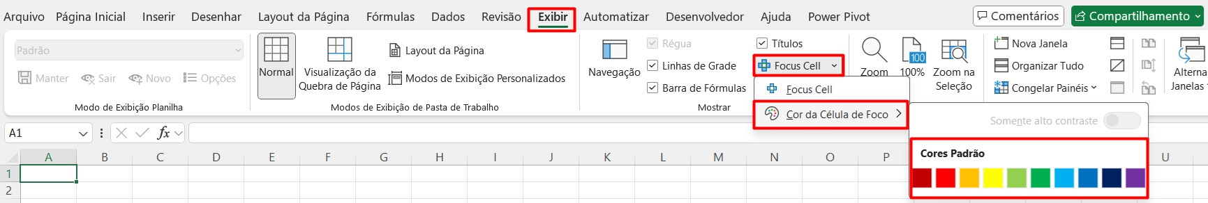 Configurações do Focus Cell no Excel