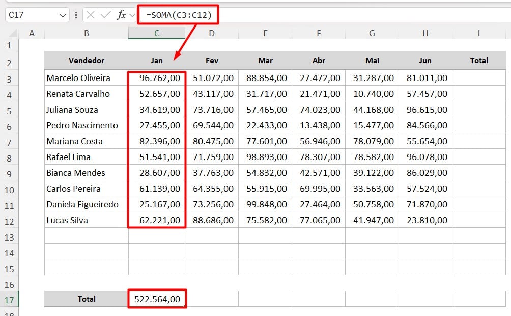 Função SOMA Para o Total Faturado em Janeiro no Excel