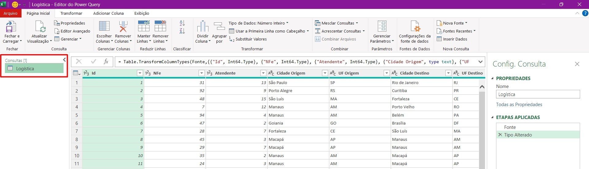 Planilha no Excel Aberta no Power Query