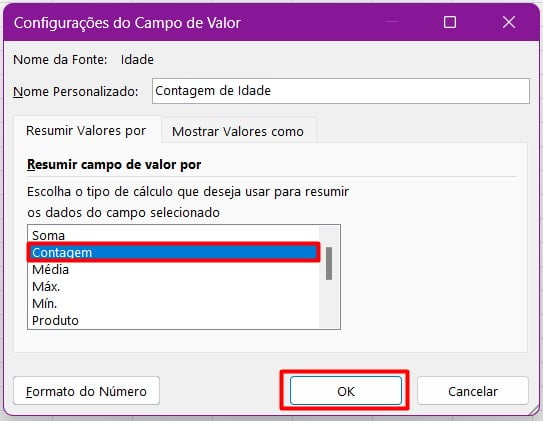 Alterando Soma para Contagem na Configuração do Campo Valor no Excel