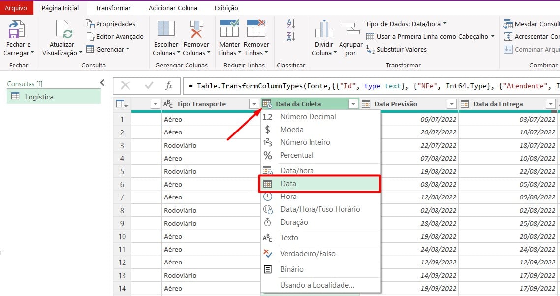 Alterando o Tipo de Coluna no Power Query