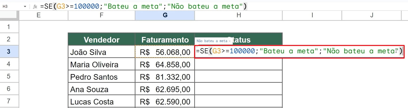 Aplicação da Função SE na Base de Dados do Google Planilhas