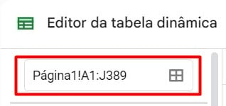 Intervalo da Tabela Dinâmica no Planilhas Google