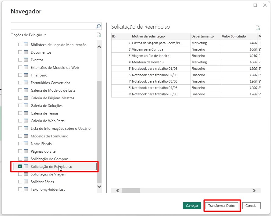 Acessando a Lista de Reembolso do SharePoint no Power BI