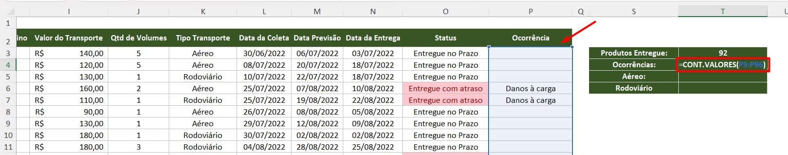 Aplicando a Função CONT.VALORES no Excel