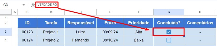 Célula Verdadeira na Caixa de Seleção no Google Planilhas