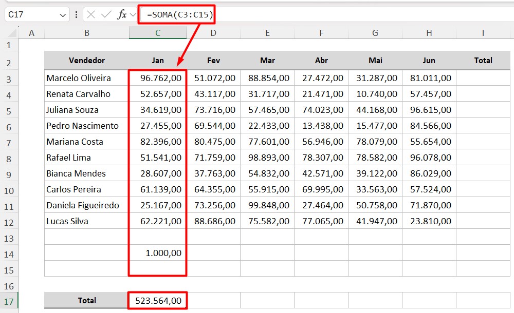 Função SOMA Ajustada Para o Total Faturado em Janeiro no Excel