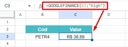 Preço Mais Alto das Ações da Petrobras no Google Sheets