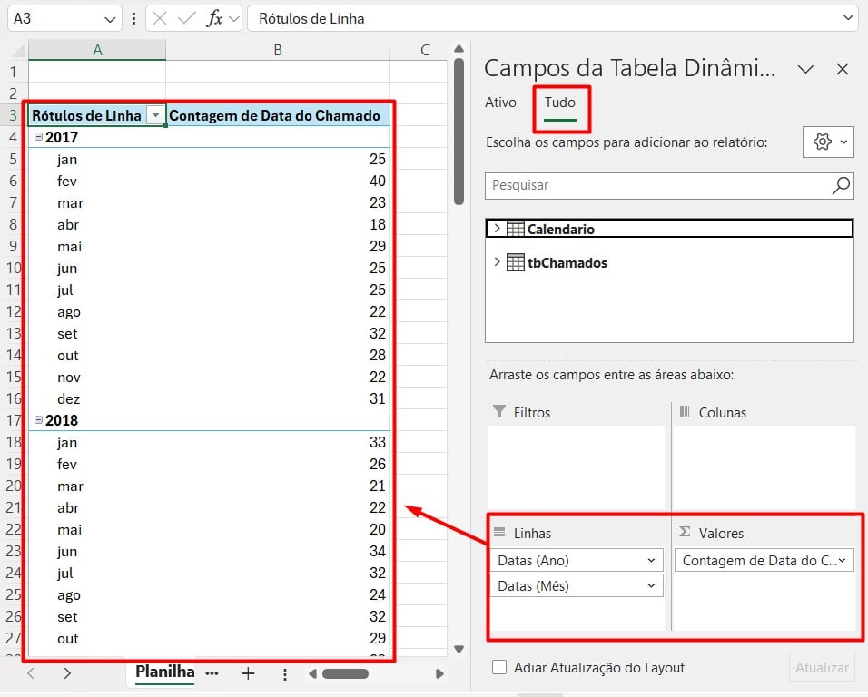 Preenchendo os Campos da Tabela Dinâmica com os Dados da Tabela de Calendário