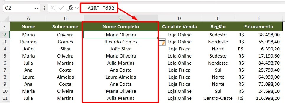 Usando Operador Para Concatenar Células no Excel