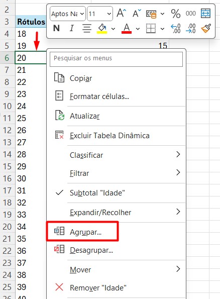 Agrupando Valores na Tabela Dinâmica no Excel