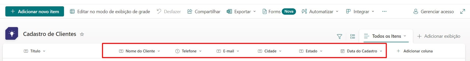 Colunas Incluídas na Lista do SharePoint