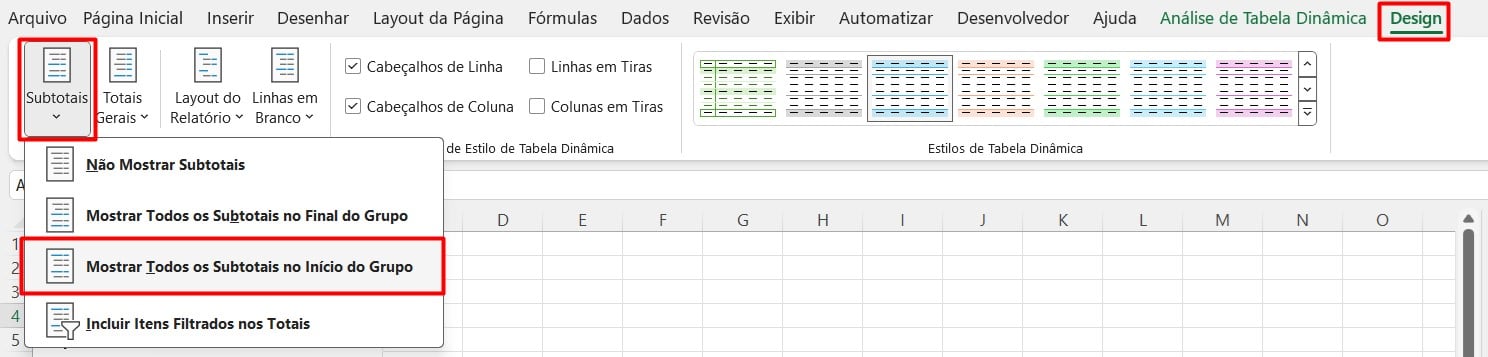 Configurando os Subtotais da Tabela Dinâmica no Excel